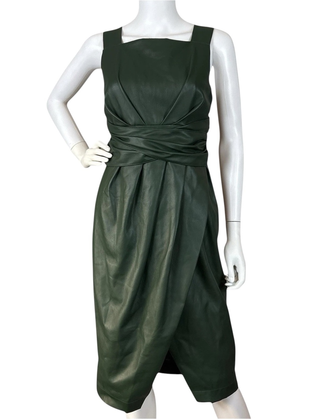 Anthropologie Faux Leather Pleated Faux Wrap Cocktail Dress Green Size Petite 6P